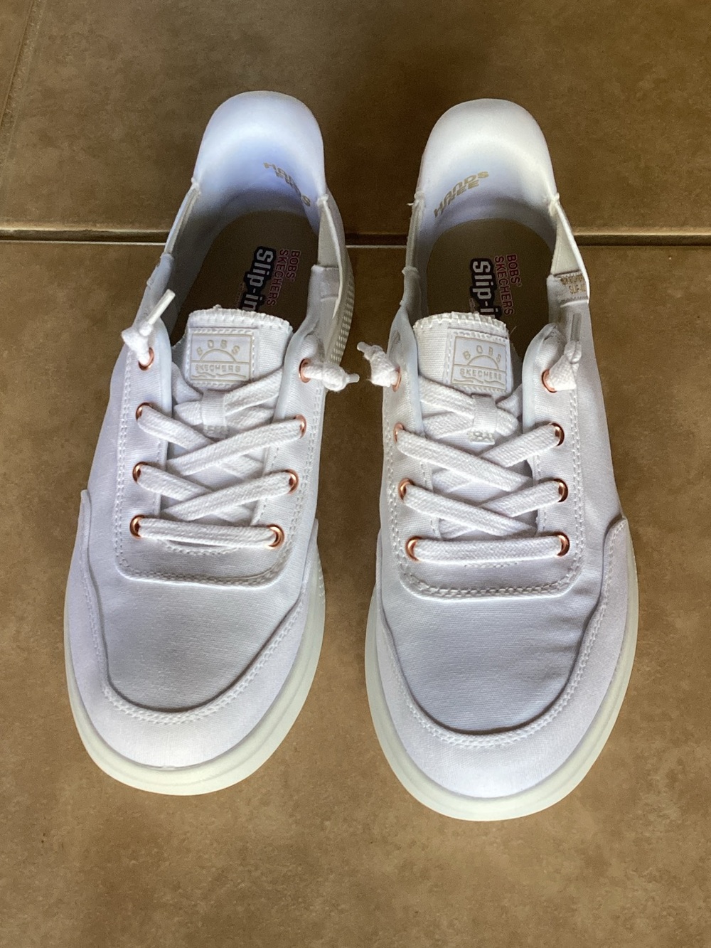 Bobs Skechers Slip-ins Women’s White Sneakers with Rose-Gold Eyelets